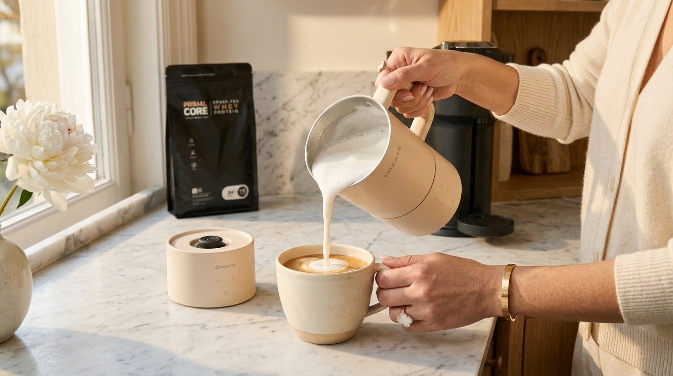 Pouring frothed protein latte from CREATE frother into cup