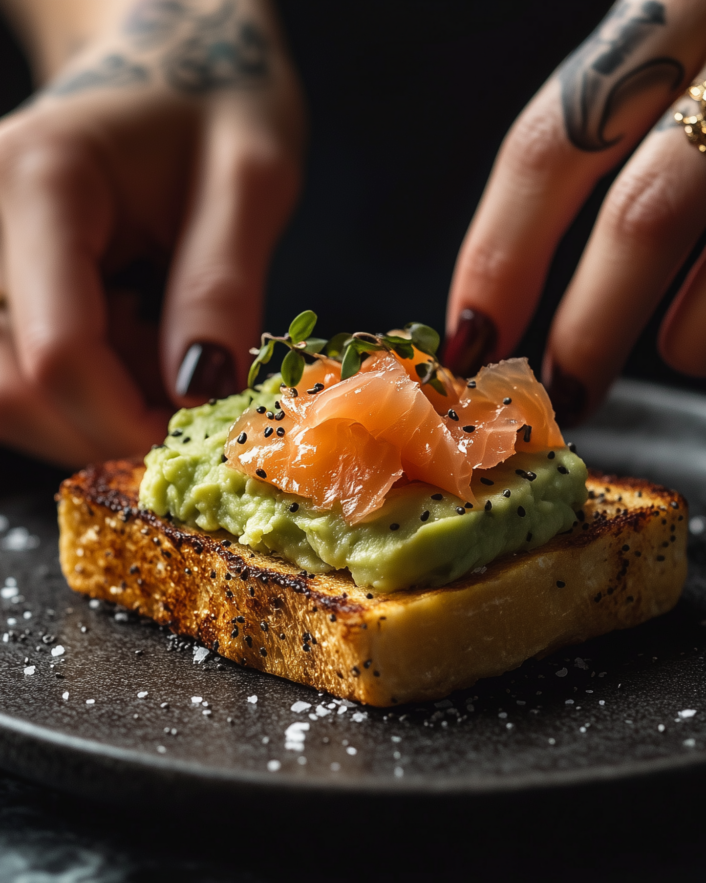 Protein brioche slice topped with salmon and avocado