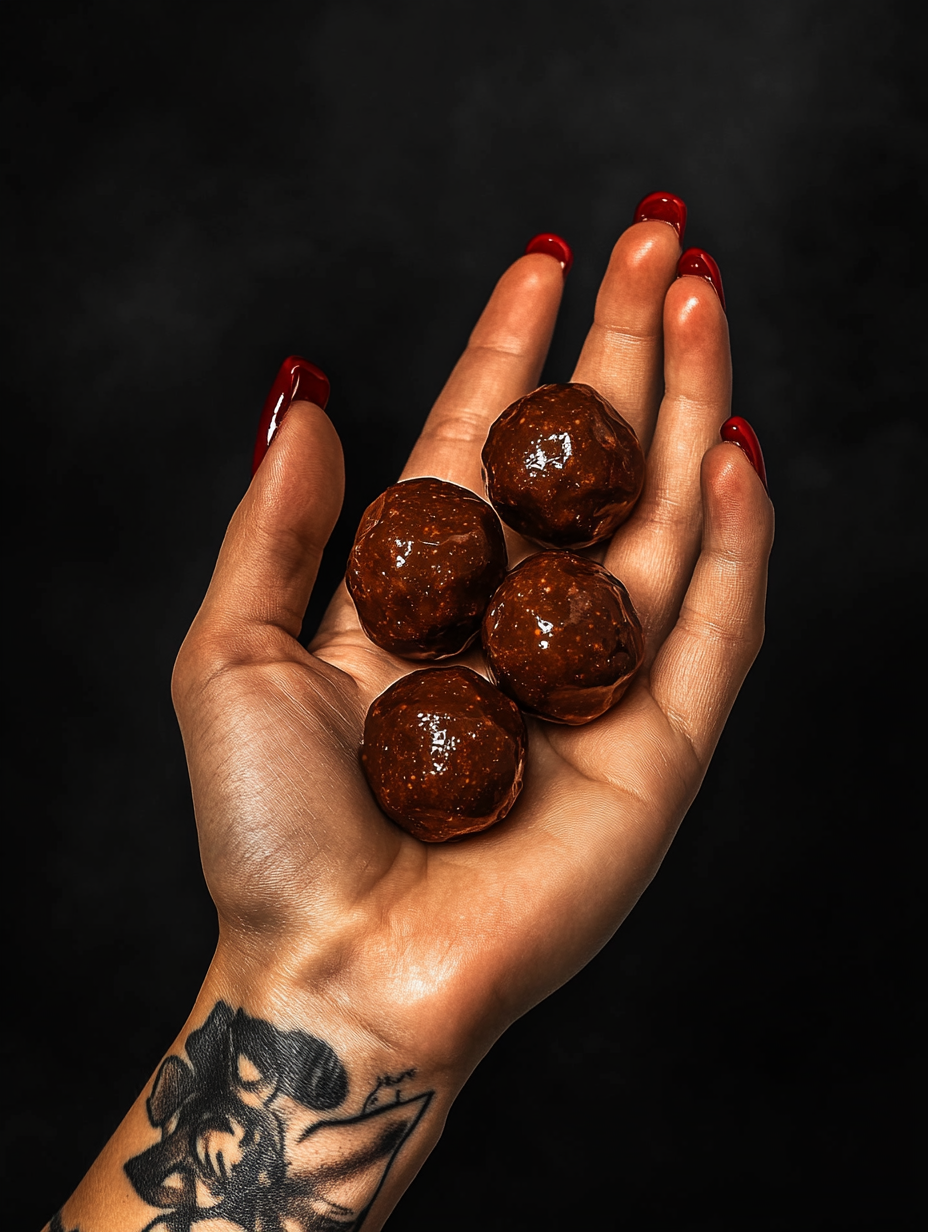 Woman holding bag of cacao protein balls snack