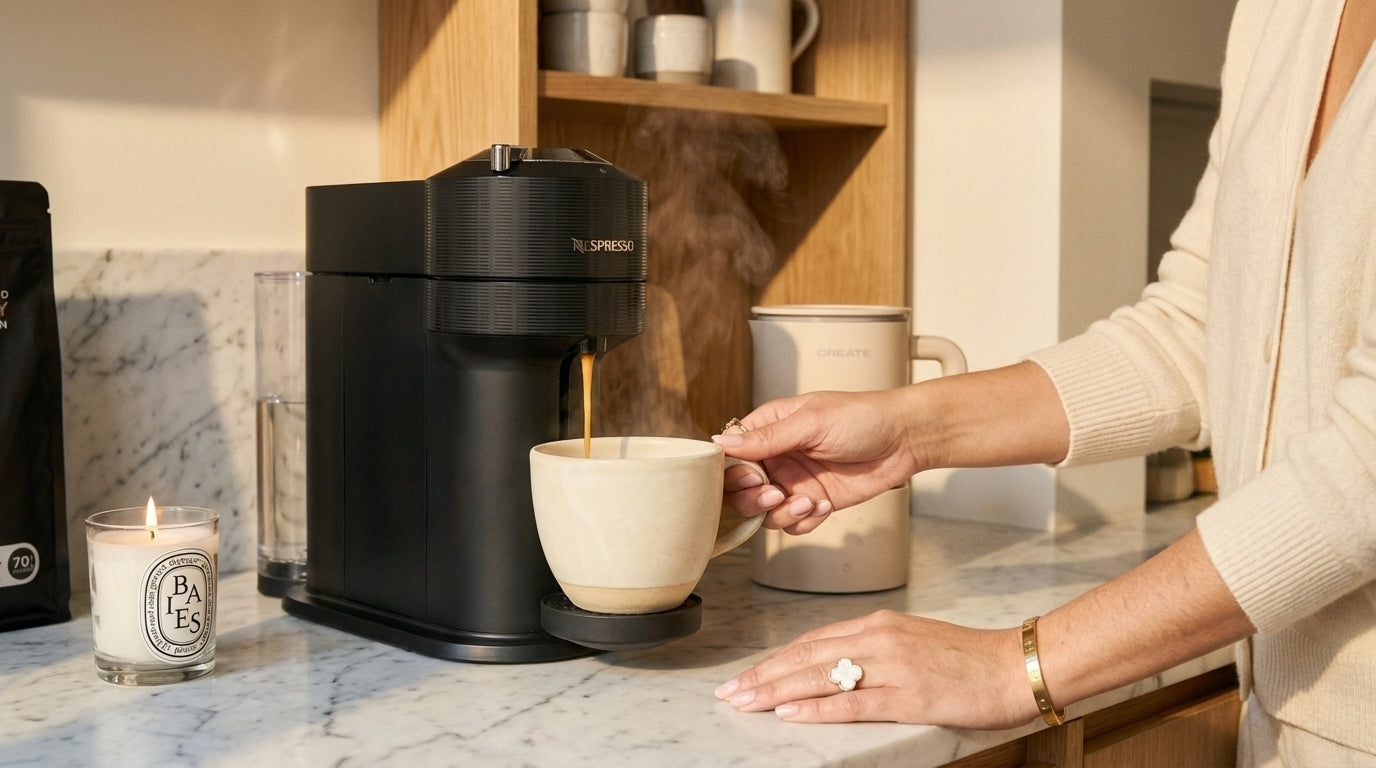 Pulling espresso shot with Nespresso machine and CREATE frother
