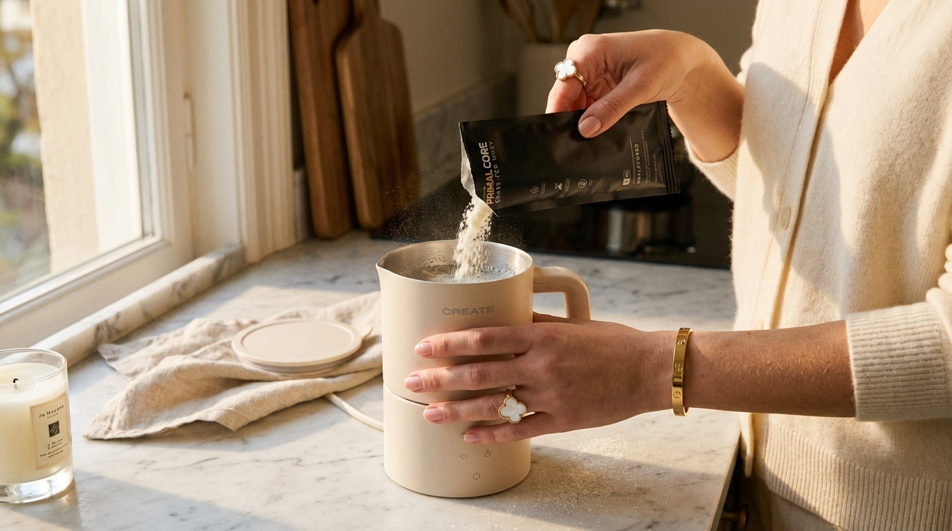Pouring Primal Core whey protein into CREATE frother
