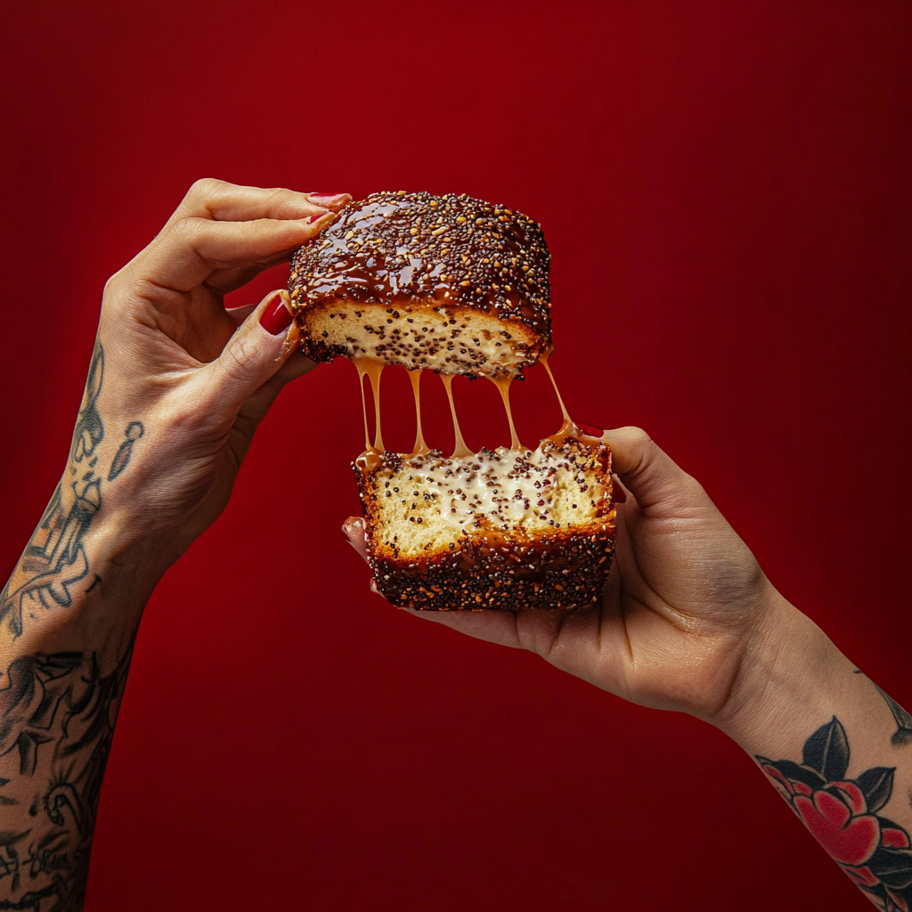 Hands breaking apart fresh protein brioche bread